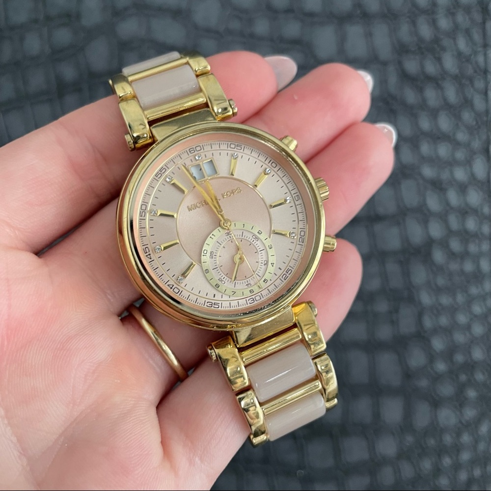 Michael Kors Parker MK-6360 Womens Yellow Gold Tone Blush Acetate Watch